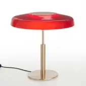 Table lamp, satin gold and sand blasted red glass, disc shade with cylindrical stem and circular base, minimalist design.