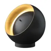 Black table lamp with gold leaf interior, spherical shape, cylindrical base, minimalist design, studio product shot.