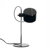 Black table lamp, chrome stem, spherical head with circular loop, weighted chrome base, brass accent, minimalist design, studio shot.