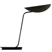 Desk lamp, anodic bronze, with rectangular base and flattened disc shade, minimalist design, black cord, studio shot.
