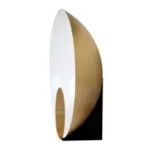 Wall-mounted reflector lamp, satin gold glaze finish, semi-circular reflector with matte black rectangular base, minimalist sculptural design.