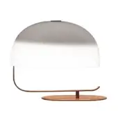 Mid-century table lamp, opal glass diffuser, nut brown support and base, curved copper arm, minimalist design, studio shot.