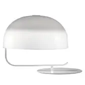 Table lamp, opal glass, mid-century modern design with curved white metal arm and circular base, minimalist aesthetic.
