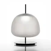 Table lamp, frosted glass, elongated oval shade with vertical ribbing, black circular base, slender stem, minimalist modern design.