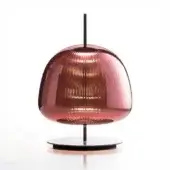 Table lamp, purple amethyst glass, ridged dome shade with black metal rod and circular base on reflective white surface.