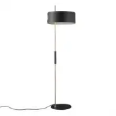 Exclusive Oluce 1953 floor lamp with a slender silhouette and clean geometric lines in satin gold metal with a black base and shade