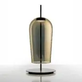 Table lamp, black metal and amber handblown glass, slender stem with cylindrical shade and central rod.