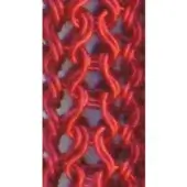 Red expandable metal mesh with interlocking curved rings, dense weave texture, vertically oriented repeating pattern, glossy finish.