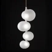 Suspension light, frosted glass, four vertically arranged orbs with gold cord, minimalist design, diffused internal glow, matte texture.