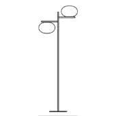 Floor lamp, matte black metal, two-arm design with cylindrical stem and circular lampshades in a minimalist line drawing.