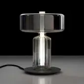 Rapanui table lamp, silver and gray glass, cylindrical ribbed base with domed shade and polished metal band.