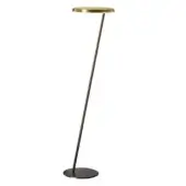 Floor lamp, anodic bronze and satin gold, with a slender stem and disc-shaped lampshade in a minimalist modern design.