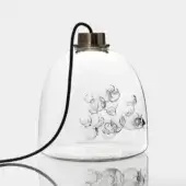 Pendant lamp, blown glass, rounded dome with clear glass orbs, black textile cord, brushed brass fitting, transparent glass platform.