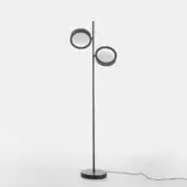 Floor lamp, matte black finish, slender cylindrical stem with two circular shades; white interior visible, minimalist modern design, studio shot.