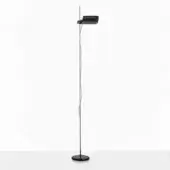 Floor lamp, black and chromium, with slender cylindrical base and rectangular head featuring vertical black slats.