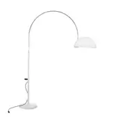 Arc floor lamp, white metal with chrome arm, curved shade, minimalist design, black switch, glossy finish, coupe model.