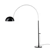 Timeless Oluce Coupé arched floor lamp crafted in Italy with a glossy metal finish and dark black semi-spherical dome for focused illumination