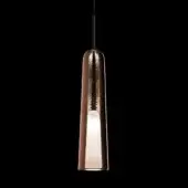 Pendant light, rose-gold metal, elongated capsule shape with frosted white glass, suspended by black cord against black background.