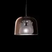 Pendant lamp, copper finish, bell shape with layered white pleated fabric interior and dark metal fitting.