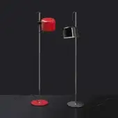 Elegant Oluce Coupé floor lamp with glossy metal and striking red semi-cylindrical dome offers directed lighting
