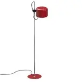 Floor lamp, scarlet red, cylindrical shade with chrome pole and black wire arm, minimalist modern design on white background.