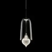 Pendant light, frosted glass, pear-shaped bulb suspended in clear glass bell enclosure with dark wire and cylindrical metal rod connection.