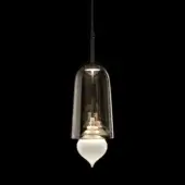 Pendant light, brown frosted glass, elongated bell shade with layered internal forms and teardrop element suspended by a silver rod.