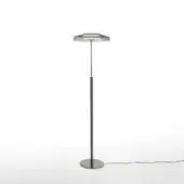 Floor lamp, black nickel and smokey glass, with cylindrical stem, wide layered shade, and circular base, studio shot.