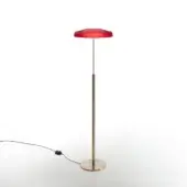 Floor lamp, brass and red glass, with slender stem and disc-shaped lampshade, satin finish, warm diffused light, minimalist design.