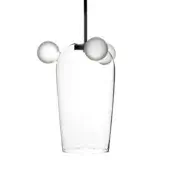 Pendant light, clear glass, elongated shade with rounded top, black metal plate, three frosted glass spheres, minimalist design.