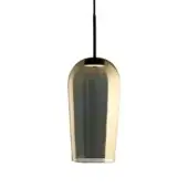 Au suspension gold metallic pendant light, handblown glass shade, gradient gold to clear, vertical ribbing, black cord, circular metal fitting.