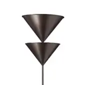 Bronze conical sculpture, two-tiered design, brushed metallic finish, cylindrical stem, minimalist form, symmetrical composition, white background.