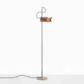 Floor lamp, mustard yellow, with chrome pole and black looping wire frame, supporting a rectangular mustard shade, mid-century modern style.