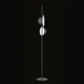 Floor lamp, black metal, cylindrical stem with two elliptical shades—upper fully black, lower with white interior—minimalist design.