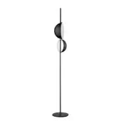 Elegant Oluce Superluna floor lamp crafted in metal with a black finish and white shade exhibiting an asymmetrical silhouette