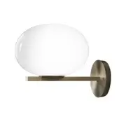 Wall-mounted light, opaline glass, satin brass bar, oval globe, circular backplate, brushed metal finish, minimalist design, studio shot.
