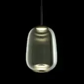 Maat suspension lamp, emerald green glass, vertically ribbed oval shade with gradient color and dark gray cable.