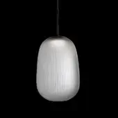 Maat suspension lamp, frosted glass, vertically elongated oval shade with ridged texture, black cable, minimalist modern design.