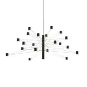 Modern chandelier, matte black metal, radiating cylindrical lights suspended from polished silver wires, minimalist geometric design.
