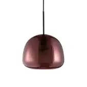 Pendant light, purple glass, fluted shade with glossy finish suspended from a black rod against a white backdrop.