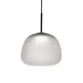 Pendant light, white frosted glass, oval ribbed shade suspended by a black cord, minimalist modern design, diffused illumination.
