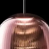 Pendant lamp, rose-gold ribbed glass, spherical shade suspended from silver metal rod with visible internal diffused lighting and “bes led” text.