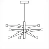 Chandelier line drawing, black and white, rectangular mount with cylindrical center and radiating square arms in symmetrical starburst pattern.