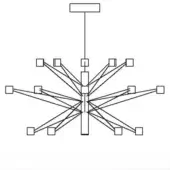 Chandelier line drawing, black and white, starburst form with asymmetrical arms and square light fixtures extending from a rectangular mount.