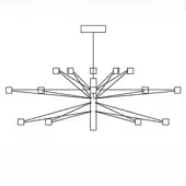 Chandelier line drawing, metal finish, rectangular canopy with radiating arms terminating in square light fixtures, modern design, white background.