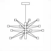Modern chandelier line drawing, black metal, rectangular mount with radiating square arms creating a symmetrical starburst design.