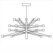 Chandelier line drawing, black and white, radial arms with square fixtures extending from a central rod and rectangular canopy.