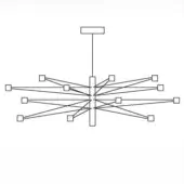 Modern chandelier line drawing, black on white, with a rectangular mount and symmetrical radiating square arms.