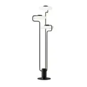 Tratto floor lamp, black metal, undulating frame with three circular white shades, studio shot, modern design.