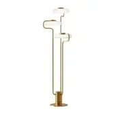 Brass floor lamp with brushed gold finish, three matte white circular shades, slender frame, minimalist sculptural design, studio shot.